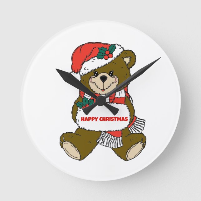 Happy Christmas Bear Round Clock (Front)