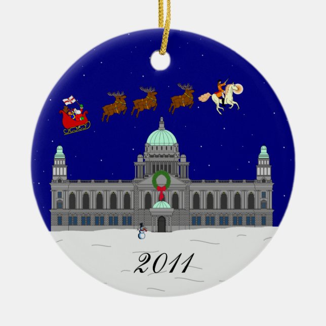 Happy Christmas (Belfast City Hall) Ceramic Tree Decoration (Front)