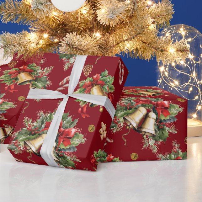 Happy Christmas Bells Holly Berries Pinecones Red Wrapping Paper (Holidays)