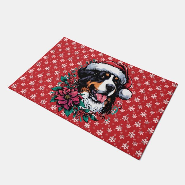 Happy Christmas Bernese Mountain Dog Santa Hat Doormat (Angled)