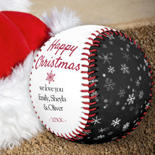 Happy Christmas Black and White Snowflake Pattern Baseball
