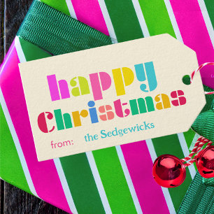 happy Christmas bold Colourful Personalised Rainbo Gift Tags