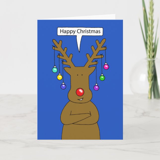 Happy Christmas Cartoon Talking Reindeer Holiday Card (Front)