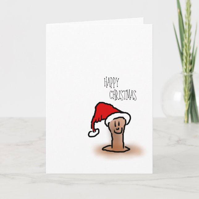 Happy Christmas cartoon worm in a hole in ground Holiday Card (Front)