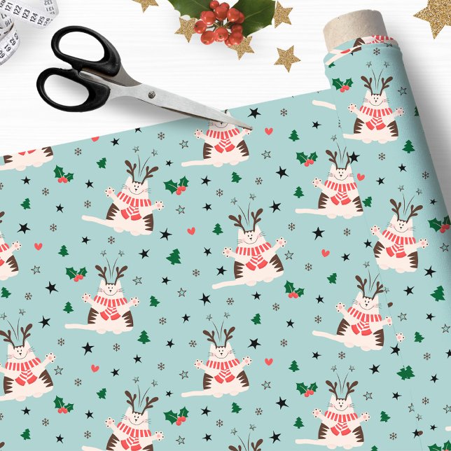 Happy Christmas Cats - Xmas Fabric (A beautiful Christmas fabric with cute, happy cats with antlers, stars and winter berries.)