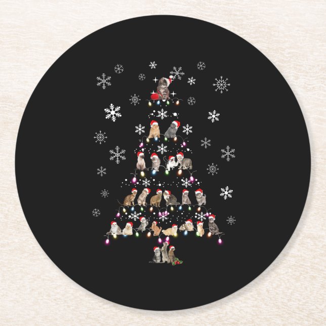 Happy Christmas | Cute Cat Christmas Tree Round Paper Coaster (Front)