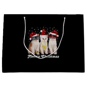 Happy Christmas Cute Cat With Santa Claus Large Gift Bag