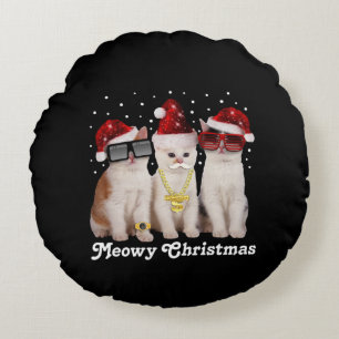 Happy Christmas Cute Cat With Santa Claus Round Cushion