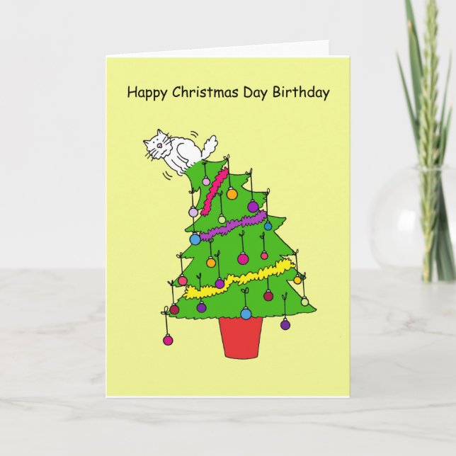 Happy Christmas Day Birthday Cartoon Cat Holiday Card (Front)