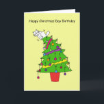 Happy Christmas Day Birthday Cartoon Cat Holiday Card<br><div class="desc">A cartoon white cat sitting on top of a Christmas tree. The words 'Happy Christmas Day Birthday' accompany the image.</div>