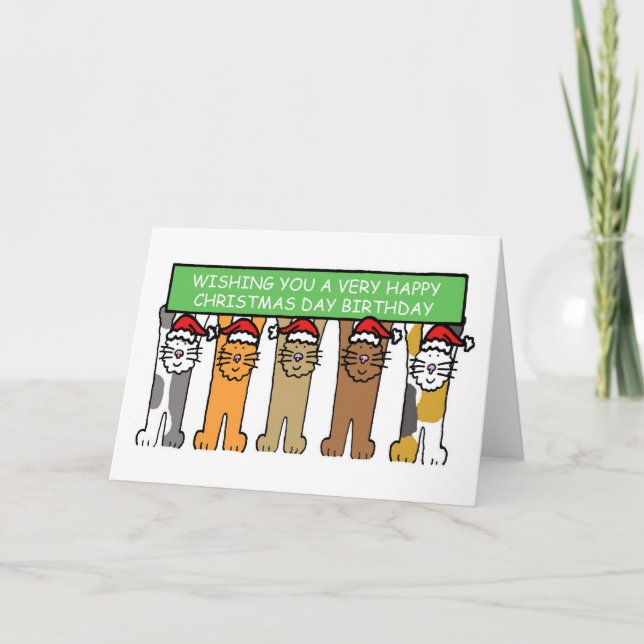 Happy Christmas Day Birthday Cartoon Cats Holiday Card (Front)