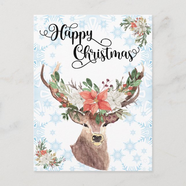 Happy Christmas Deer Watercolor Woodland Postcard (Front)