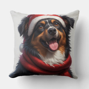 Happy Christmas Dog Portrait in Santa Hat Cushion