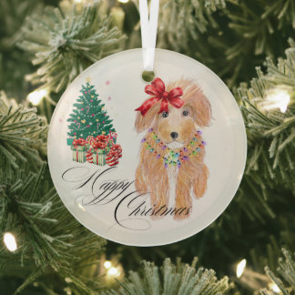 Happy Christmas Dog Sitting Glass Tree Decoration