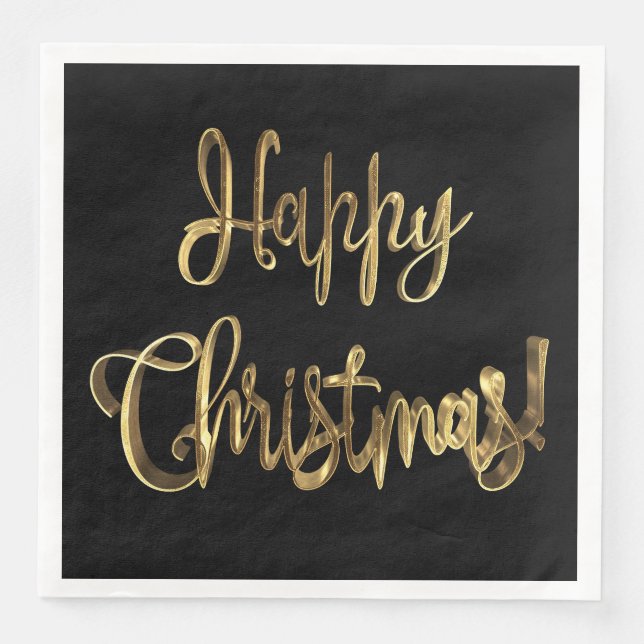 Happy Christmas Elegant Chic Black and Gold Text Napkin (Front)