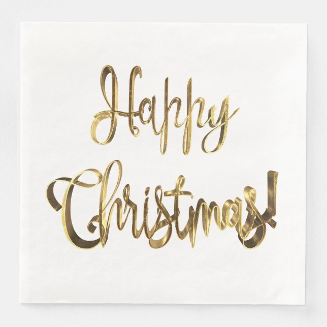 Happy Christmas Elegant Chic White and Gold Text Napkin (Front)