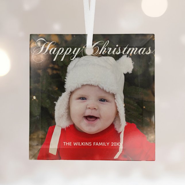 Happy Christmas Elegant White Script Baby Photo Glass Tree Decoration (Creator Uploaded)