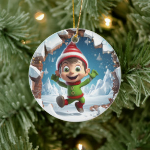 Happy Christmas Elf enjoying the winter. Ceramic Tree Decoration