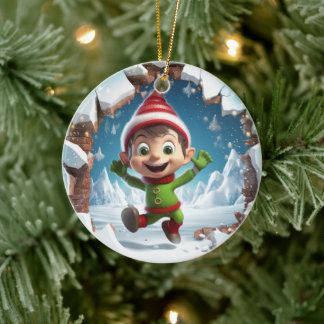 Happy Christmas Elf enjoying the winter. Ceramic Tree Decoration