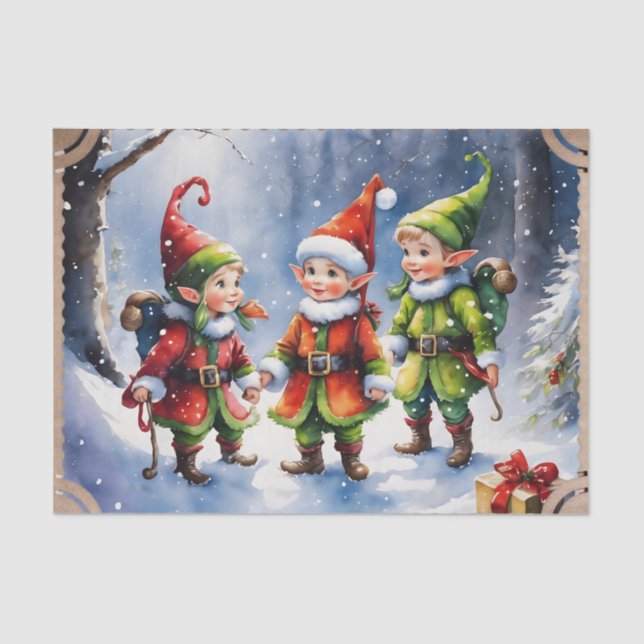 Happy Christmas Elves on a Snowy Night Tissue Paper (Front)