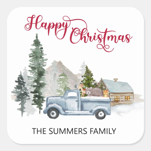 Happy Christmas Envelope Seal Rustic Truck Woods (Front)