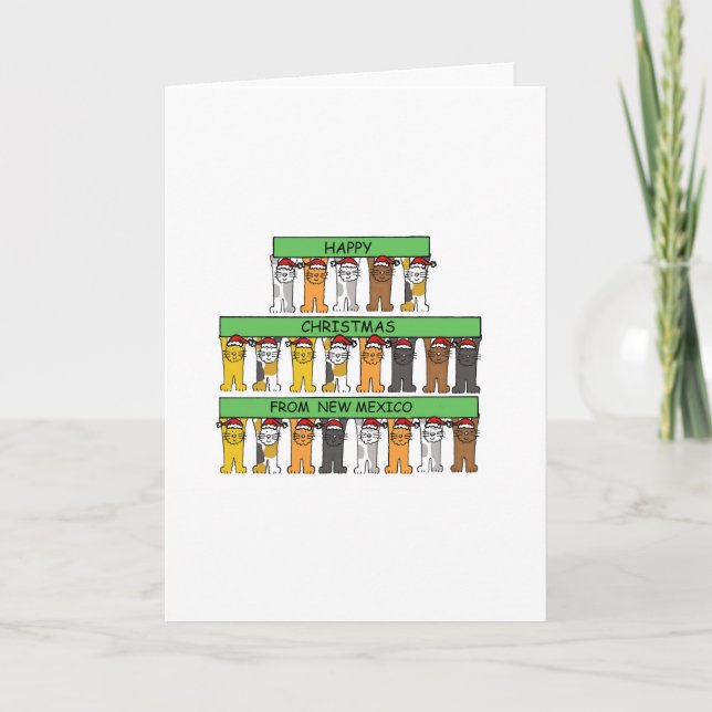 Happy Christmas from New Mexico, Cartoon Cats. Holiday Card (Front)