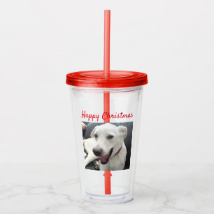 Happy Christmas Funny Smiling Dog Red Holiday Acrylic Tumbler