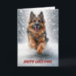 Happy Christmas German Shepherd Holiday Card<br><div class="desc">A joyful German Shepherd bounds through a wintry forest path,  kicking up the soft snow as it races forward.
Text can be changed.</div>