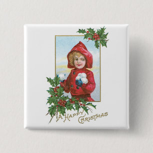 Happy Christmas Girl with Snowballs 15 Cm Square Badge