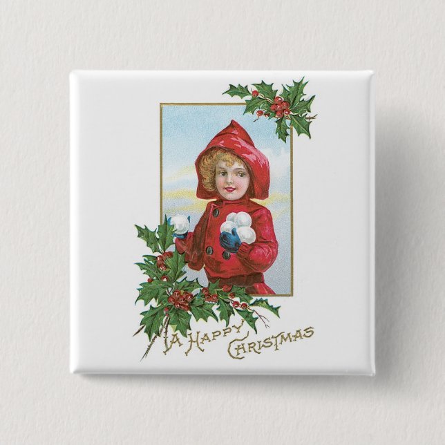 Happy Christmas Girl with Snowballs 15 Cm Square Badge (Front)