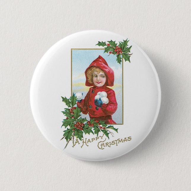 Happy Christmas Girl with Snowballs 6 Cm Round Badge (Front)