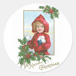 Happy Christmas Girl with Snowballs Classic Round Sticker
