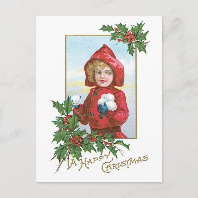 Happy Christmas Girl with Snowballs Holiday Postcard (Front)
