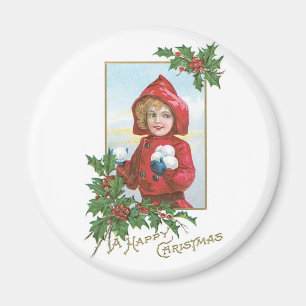 Happy Christmas Girl with Snowballs Magnet