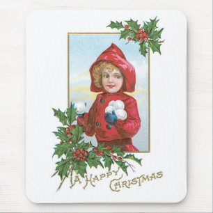 Happy Christmas Girl with Snowballs Mouse Mat