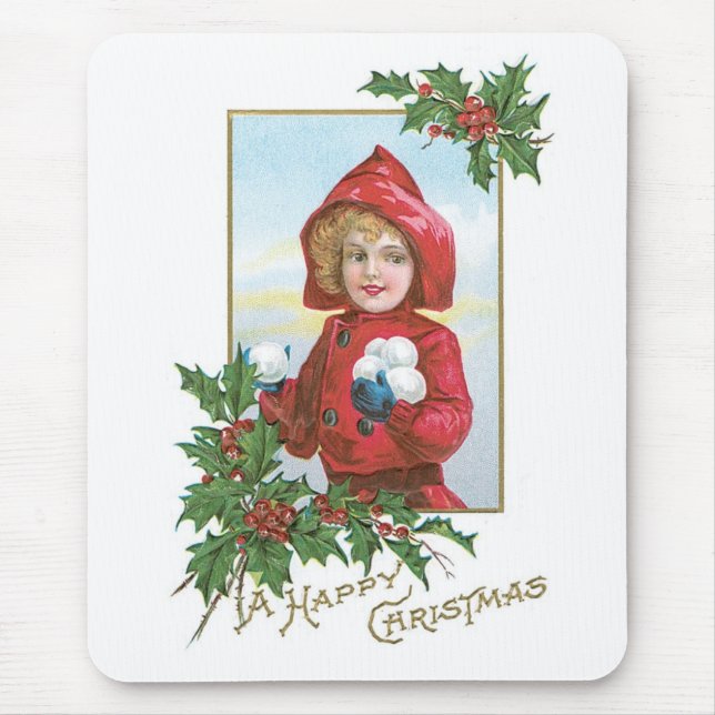 Happy Christmas Girl with Snowballs Mouse Mat (Front)