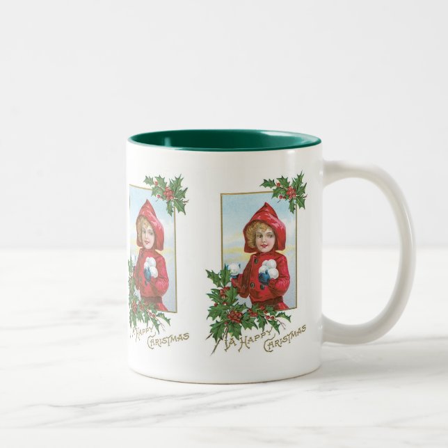 Happy Christmas Girl with Snowballs Two-Tone Coffee Mug (Right)