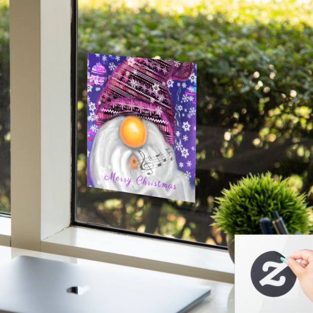 Happy Christmas Gnome In Purple Hat Window Cling (Office)