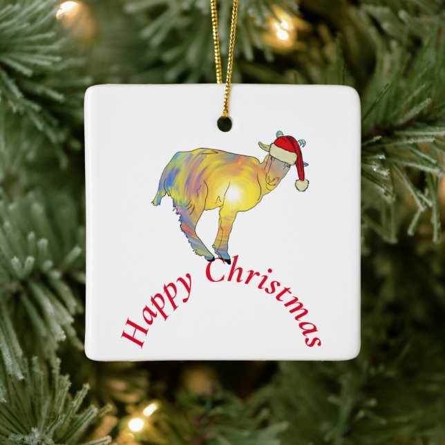 Happy Christmas Goat in Santa hat  Ceramic Ornament (Tree)