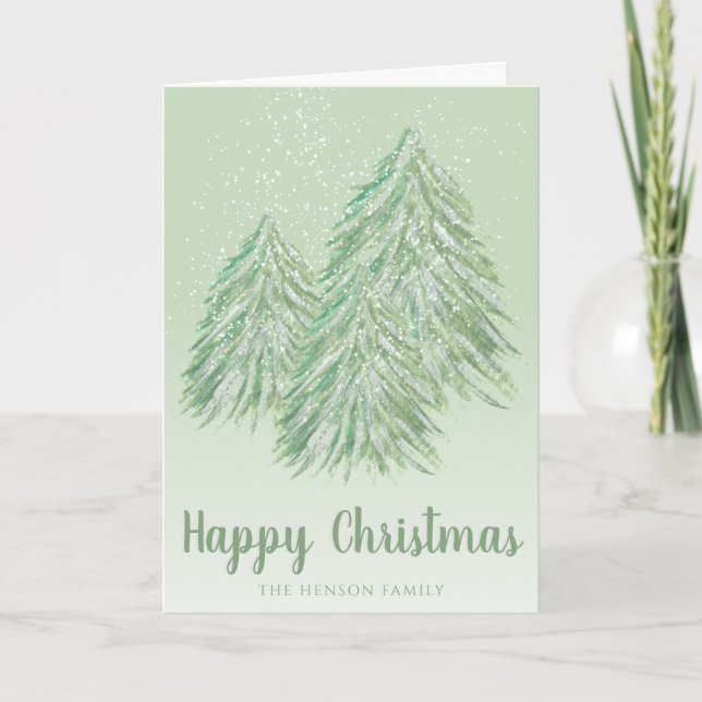 Happy Christmas Green Watercolor Christmas Tree Holiday Card (Front)
