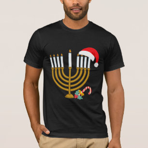 Happy Christmas Hanukkah Santa Hat Jewish Menorah T-Shirt