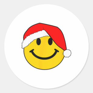 Happy Christmas Happy Face With Santa Hat  Classic Round Sticker