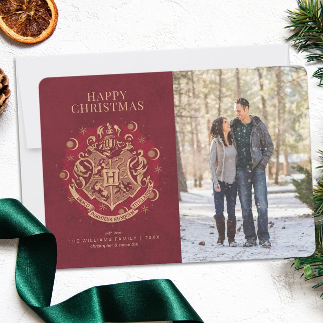 Happy Christmas | HOGWARTS™ Crest Family Photo Invitation (Card on table)