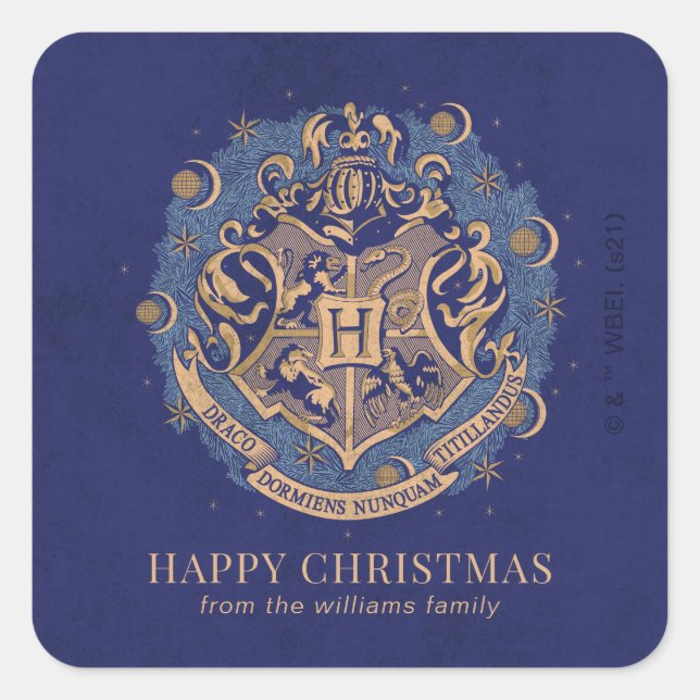 Happy Christmas | HOGWARTS™ Crest - Personalised Square Sticker (Front)