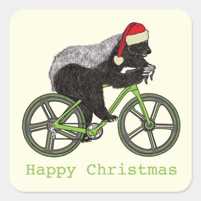 Happy Christmas Honey Badger On bicycle  Square Sticker (Front)