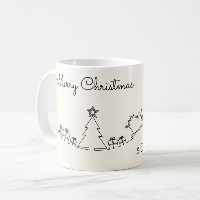 Happy Christmas Line Drawing With Santa & Sleigh Coffee Mug (Front Left)