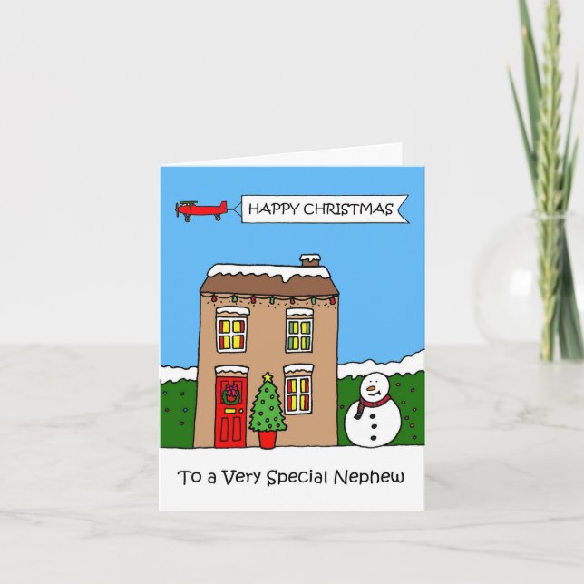Happy Christmas Nephew Cartoon House Holiday Card (Front)