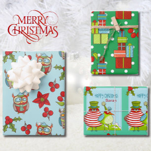 Happy Christmas Personalize Name Quirky Bird 3 Wrapping Paper Sheet