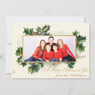 Happy Christmas Photo Vintage Holly & Calligraphy Holiday Card