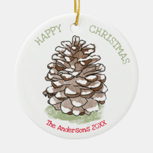 Happy Christmas Pine Cone Personalised Ceramic Tree Decoration